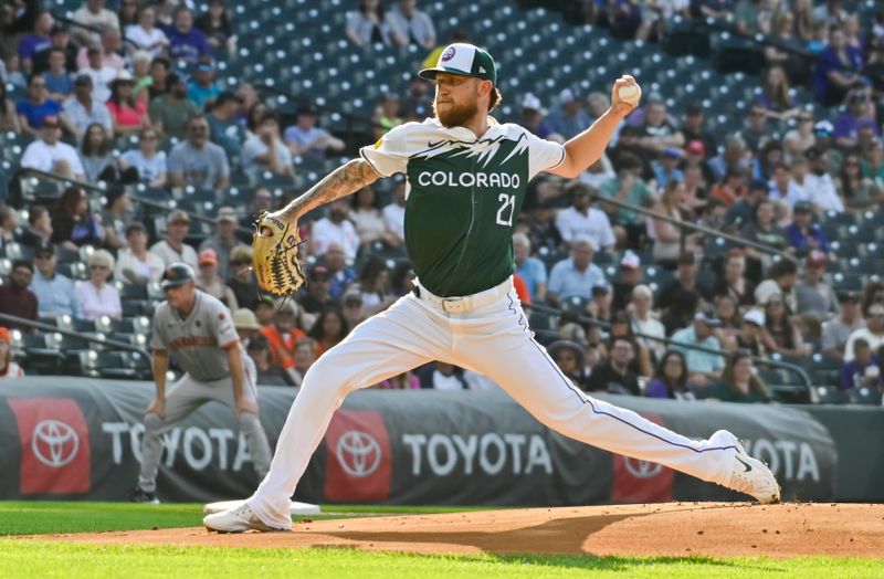 Jul 20, 2024; Denver, Colorado, USA; Colorado Rockies pitcher Kyle Freeland (21) delivers against the San Francisco Giants in the first inning at Coors Field. Mandatory Credit: John Leyba-USA TODAY Sports