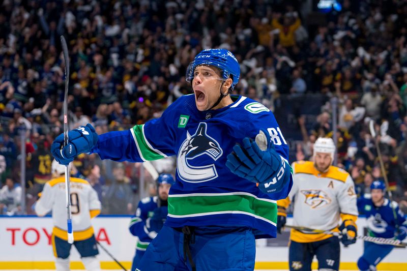 Apr 21, 2024; Vancouver, British Columbia, CAN; Vancouver Canucks forward Dakota Joshua (81) celebrates scoring the game winning goal against the Nashville Predators in the third period in game one of the first round of the 2024 Stanley Cup Playoffs at Rogers Arena. Mandatory Credit: Bob Frid-USA TODAY Sports