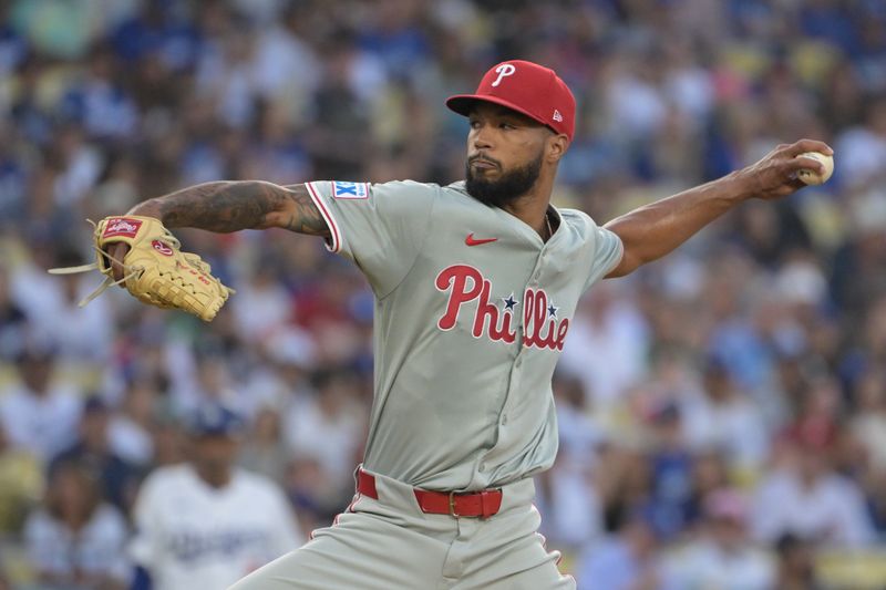 Aug 6, 2024; Los Angeles, California, USA;  Philadelphia Phillies starting pitcher Cristopher Sanchez (61) delivers to the plate in the first inning against the Los Angeles Dodgers at Dodger Stadium. Mandatory Credit: Jayne Kamin-Oncea-USA TODAY Sports