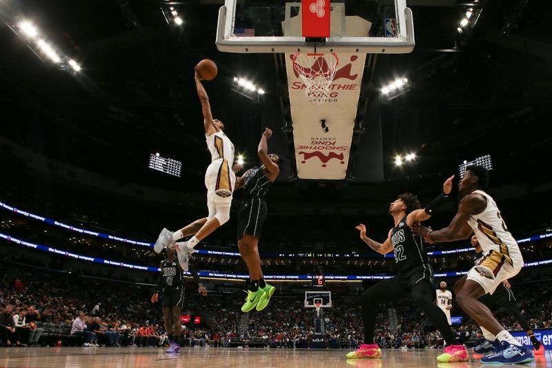 NEW ORLEANS, LA - NOVEMBER 11: Brandon Boston Jr. #11 of the New Orleans Pelicans dunks the ball during the game against the Brooklyn Nets on November 11, 2024 at the Smoothie King Center in New Orleans, Louisiana. NOTE TO USER: User expressly acknowledges and agrees that, by downloading and or using this Photograph, user is consenting to the terms and conditions of the Getty Images License Agreement. Mandatory Copyright Notice: Copyright 2024 NBAE (Photo by Layne Murdoch Jr./NBAE via Getty Images)