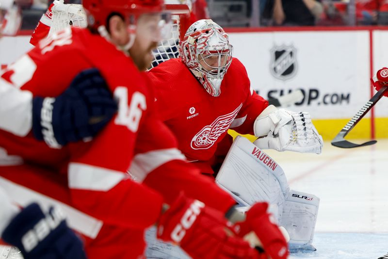 Mar 2, 2024; Detroit, Michigan, USA; Detroit Red Wings goaltender Alex Lyon (34) tends goal in the first period against the Florida Panthers at Little Caesars Arena. Mandatory Credit: Rick Osentoski-USA TODAY Sports