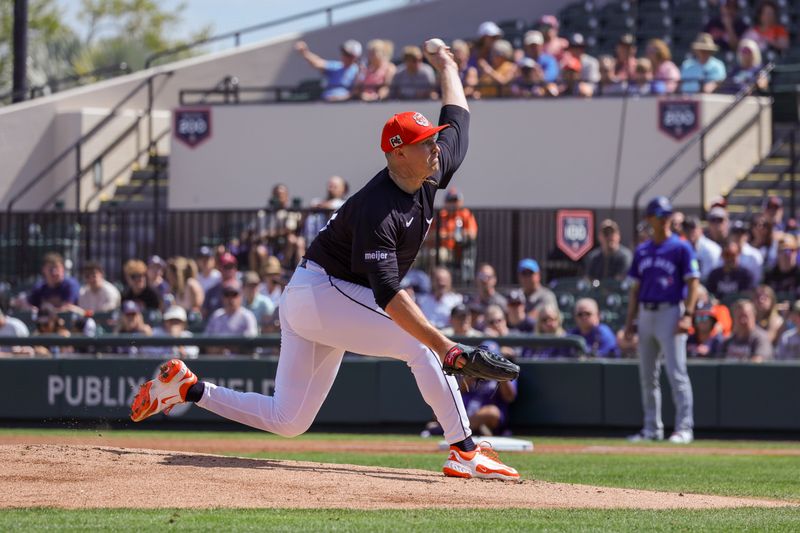 Mar 3, 2025; Lakeland, Florida, USA; Detroit Tigers pitcher Tarik Skubal (29) pitches during the first inning against the Toronto Blue Jays at Publix Field at Joker Marchant Stadium. Mandatory Credit: Mike Watters-Imagn Images