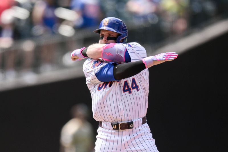 Jun 16, 2024; New York City, New York, USA; New York Mets outfielder Harrison Bader (44) reacts after hitting an RBI double against the San Diego Padres during the fourth inning at Citi Field. Mandatory Credit: John Jones-USA TODAY Sports