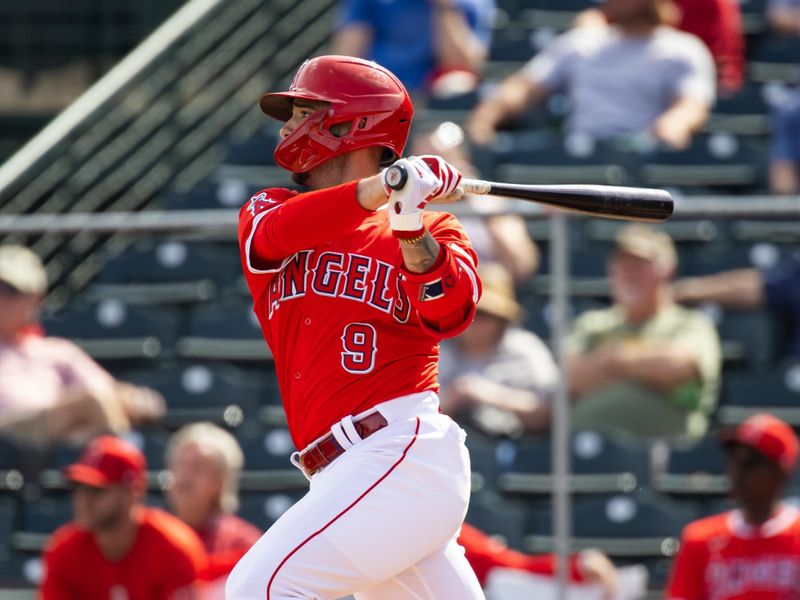 Feb 27, 2024; Tempe, Arizona, USA; Los Angeles Angels infielder Zach Neto against the Milwaukee Brewers during a spring training game at Tempe Diablo Stadium. Mandatory Credit: Mark J. Rebilas-USA TODAY Sports