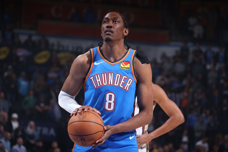 OKLAHOMA CITY, OK - NOVEMBER 13: Jalen Williams #8 of the Oklahoma City Thunder shoots a free throw during the game against the New Orleans Pelicans on November 13, 2024 at Paycom Center in Oklahoma City, Oklahoma. NOTE TO USER: User expressly acknowledges and agrees that, by downloading and or using this photograph, User is consenting to the terms and conditions of the Getty Images License Agreement. Mandatory Copyright Notice: Copyright 2024 NBAE (Photo by Nathaniel S. Butler/NBAE via Getty Images)