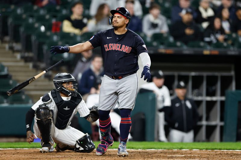 May 9, 2024; Chicago, Illinois, USA; Cleveland Guardians first base Josh Naylor (22) reacts after hitting a solo home run against the Chicago White Sox during the eight inning at Guaranteed Rate Field. Mandatory Credit: Kamil Krzaczynski-USA TODAY Sports