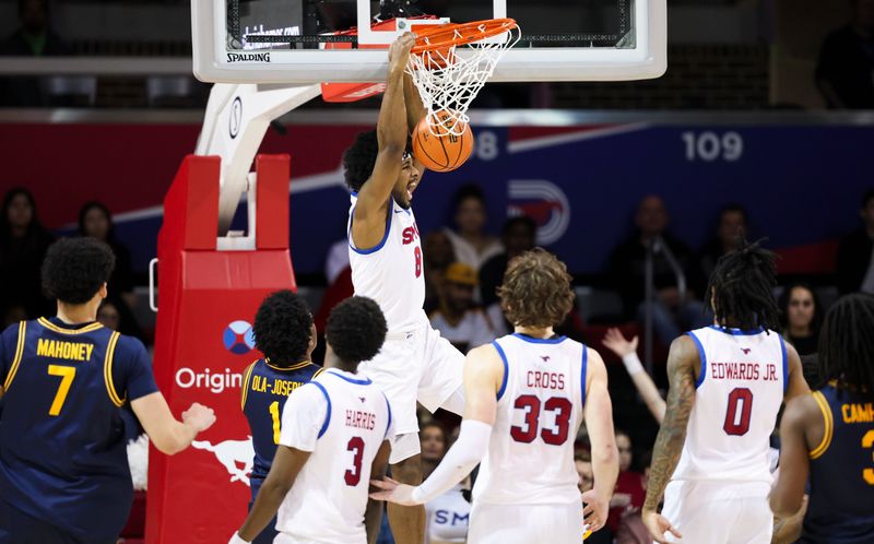 Jan 29, 2025; Dallas, Texas, USA;  Southern Methodist Mustangs guard Kario Oquendo (8) dunks against the California Golden Bears during the second half at Moody Coliseum. Mandatory Credit: Kevin Jairaj-Imagn Images