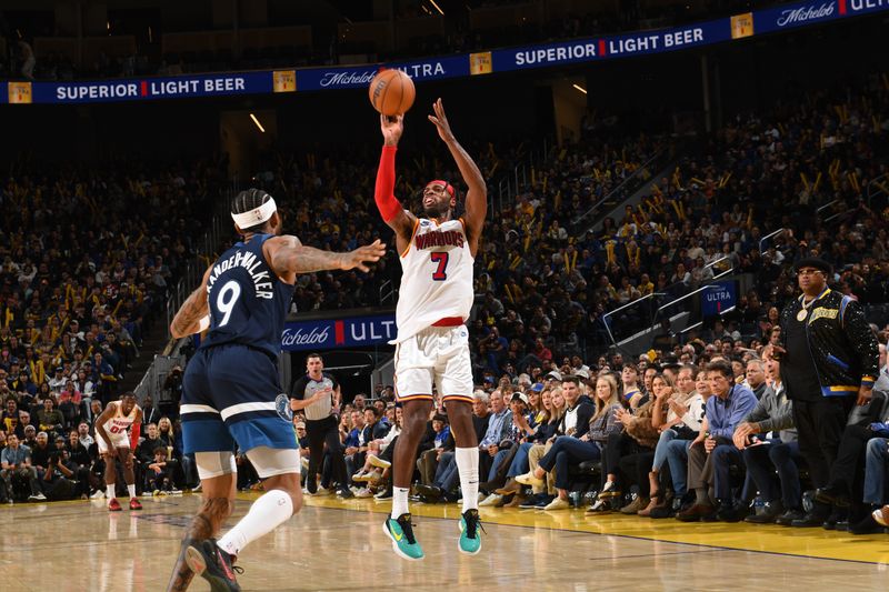 SAN FRANCISCO, CA - DECEMBER 8: Buddy Hield #7 of the Golden State Warriors shoots the ball during the game against the Minnesota Timberwolves during a regular season game on December 8, 2024 at Chase Center in San Francisco, California. NOTE TO USER: User expressly acknowledges and agrees that, by downloading and or using this photograph, user is consenting to the terms and conditions of Getty Images License Agreement. Mandatory Copyright Notice: Copyright 2024 NBAE (Photo by Noah Graham/NBAE via Getty Images)