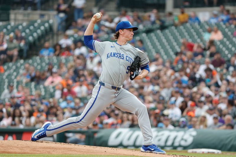 Apr 27, 2024; Detroit, Michigan, USA; Kansas City Royals pitcher Brady Singer (51) throws during the second inning against the Detroit Tigers at Comerica Park. Mandatory Credit: Brian Bradshaw Sevald-USA TODAY Sports