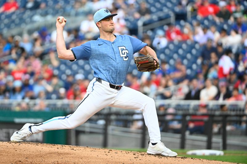 Apr 26, 2025; Washington, District of Columbia, USA; Washington Nationals starting pitcher Brad Lord (61) throws to the New York Mets during the second inning at Nationals Park. Mandatory Credit: Brad Mills-Imagn Images