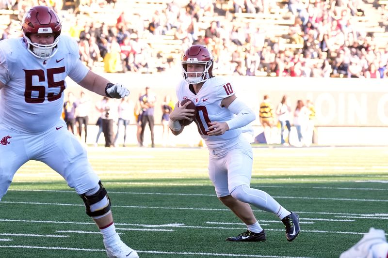 Nov 11, 2023; Berkeley, California, USA; Washington State Cougars quarterback John Mateer (10) rushes for a touchdown against the California Golden Bears during the second quarter at California Memorial Stadium. Mandatory Credit: Darren Yamashita-USA TODAY Sports 