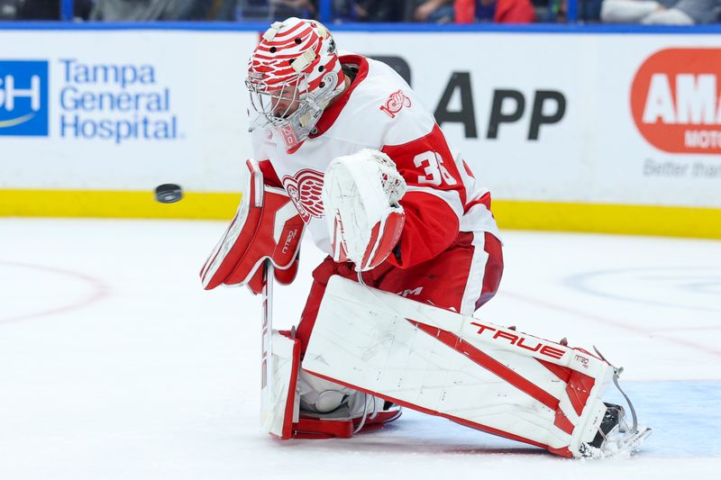 Mar 12, 2026; Tampa, Florida, USA;  Detroit Red Wings goaltender John Gibson (36) makes a save against the Tampa Bay Lightning in the third period at Benchmark International Arena. Mandatory Credit: Nathan Ray Seebeck-Imagn Images