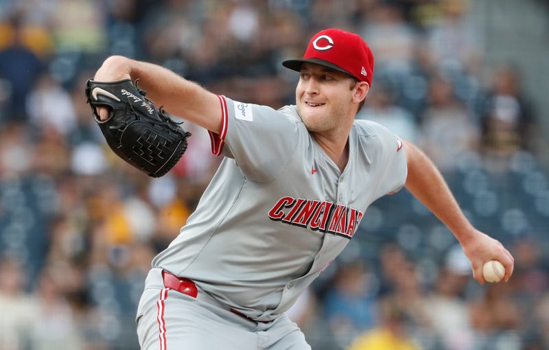 Jun 18, 2024; Pittsburgh, Pennsylvania, USA;  Cincinnati Reds starting pitcher Nick Lodolo (40) delivers a pitch against the Pittsburgh Pirates during the first inning at PNC Park. Mandatory Credit: Charles LeClaire-USA TODAY Sports