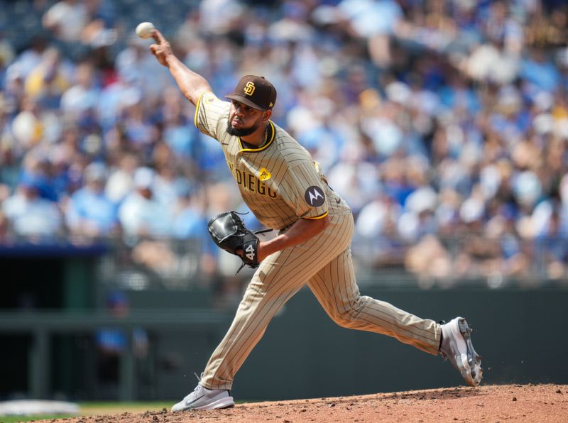 Jun 1, 2024; Kansas City, Missouri, USA; San Diego Padres starting pitcher Randy Vasquez (98) throws against the Kansas City Royals during the first inning at Kauffman Stadium. Mandatory Credit: Jay Biggerstaff-USA TODAY Sports