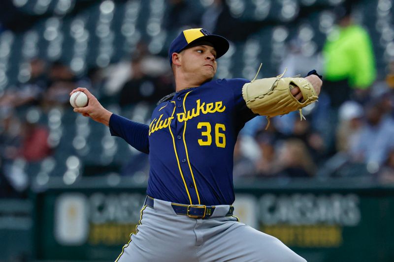 Apr 30, 2025; Chicago, Illinois, USA; Milwaukee Brewers starting pitcher Tobias Myers (36) delivers a pitch against the Chicago White Sox during the first inning at Rate Field. Mandatory Credit: Kamil Krzaczynski-Imagn Images