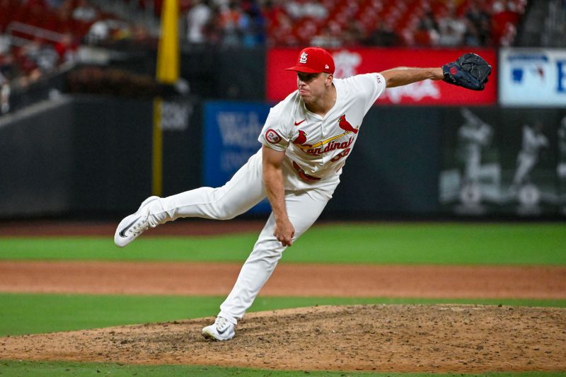 Aug 28, 2024; St. Louis, Missouri, USA;  St. Louis Cardinals relief pitcher Ryan Helsley (56) pitches against the San Diego Padres during the ninth inning at Busch Stadium. Mandatory Credit: Jeff Curry-USA TODAY Sports