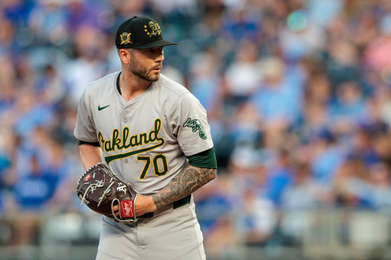 May 18, 2024; Kansas City, Missouri, USA; Oakland Athletics pitcher Lucas Erceg (70) throws during the seventh inning against the Kansas City Royals at Kauffman Stadium. Mandatory Credit: William Purnell-USA TODAY Sports