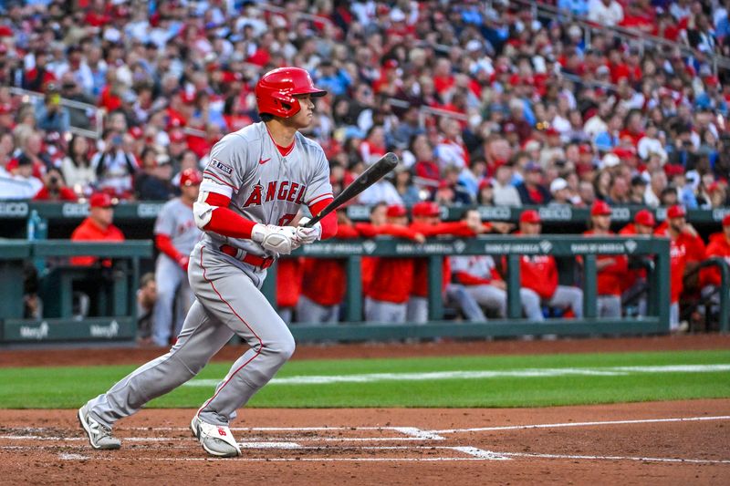 May 3, 2023; St. Louis, Missouri, USA;  Los Angeles Angels starting pitcher Shohei Ohtani (17) hits a one run single against the St. Louis Cardinals during the third inning at Busch Stadium. Mandatory Credit: Jeff Curry-USA TODAY Sports