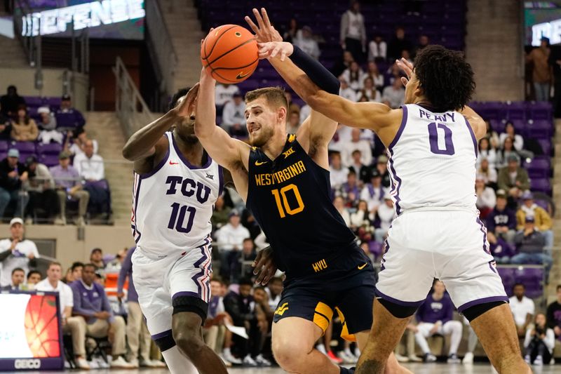 Jan 31, 2023; Fort Worth, Texas, USA; West Virginia Mountaineers guard Erik Stevenson (10) is fouled while driving to the basket by TCU Horned Frogs guard Micah Peavy (0) during the first half at Ed and Rae Schollmaier Arena. Mandatory Credit: Chris Jones-USA TODAY Sports