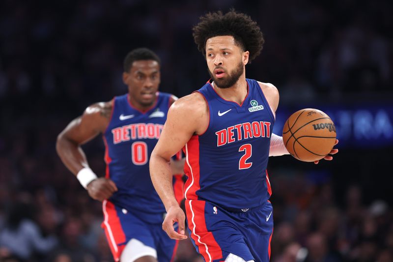 NEW YORK, NEW YORK - APRIL 29: Cade Cunningham #2 of the Detroit Pistons dribbles during the first quarter against the New York Knicks in Game Five of the Eastern Conference First Round NBA Playoffs at Madison Square Garden on April 29, 2025 in New York City. NOTE TO USER: User expressly acknowledges and agrees that, by downloading and or using this photograph, User is consenting to the terms and conditions of the Getty Images License Agreement. (Photo by Sarah Stier/Getty Images)