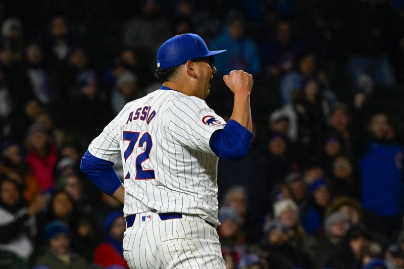 Apr 2, 2024; Chicago, Illinois, USA; Chicago Cubs starting pitcher Javier Assad (72) after closing out the sixth inning against the Colorado Rockies at Wrigley Field. Mandatory Credit: Matt Marton-USA TODAY Sports