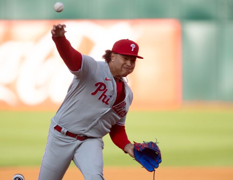 Jun 16, 2023; Oakland, California, USA; Philadelphia Phillies starting pitcher Taijuan Walker (99)pitches against the Oakland Athletics during the first inning at Oakland-Alameda County Coliseum. Mandatory Credit: D. Ross Cameron-USA TODAY Sports