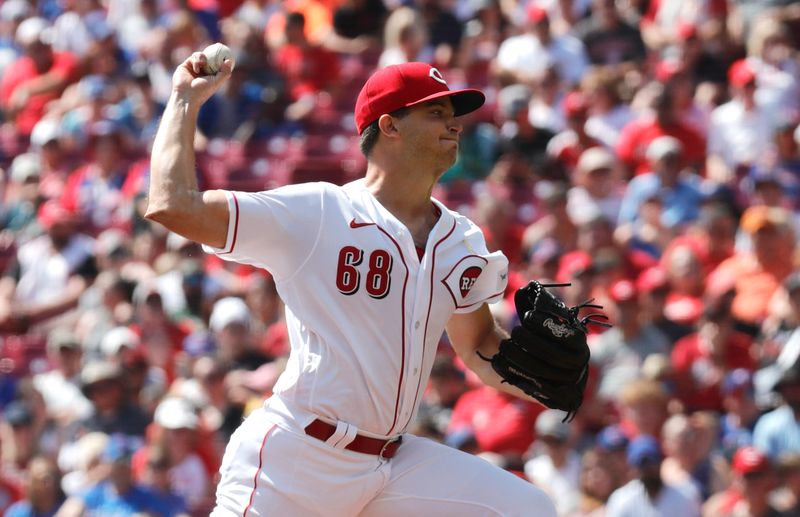 Sep 3, 2023; Cincinnati, Ohio, USA; Cincinnati Reds starting pitcher Carson Spiers (68) throws against the Chicago Cubs during the first inning at Great American Ball Park. Mandatory Credit: David Kohl-USA TODAY Sports