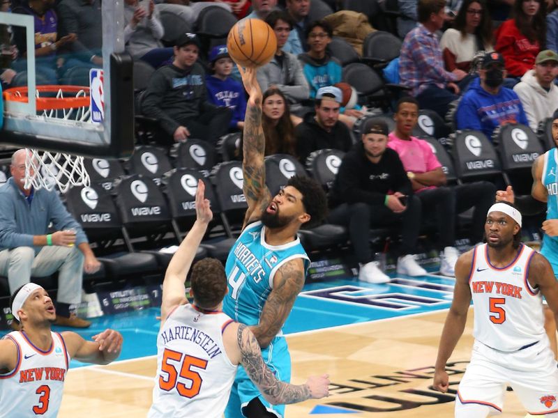 CHARLOTTE, NC - JANUARY 29: Nick Richards #4 of the Charlotte Hornets shoots the ball during the game against the New York Knicks on January 29, 2024 at Spectrum Center in Charlotte, North Carolina. NOTE TO USER: User expressly acknowledges and agrees that, by downloading and or using this photograph, User is consenting to the terms and conditions of the Getty Images License Agreement. Mandatory Copyright Notice: Copyright 2024 NBAE (Photo by Kent Smith/NBAE via Getty Images)