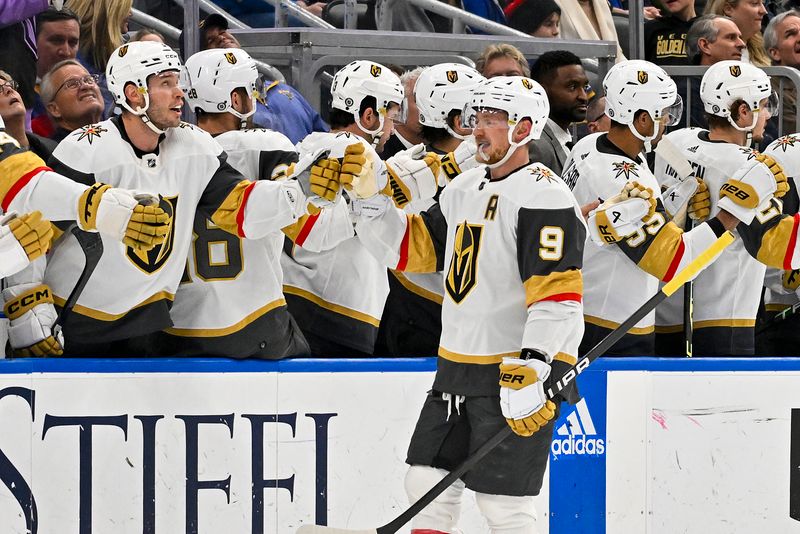 Dec 6, 2023; St. Louis, Missouri, USA;  Vegas Golden Knights center Jack Eichel (9) is congratulated by teammates after scoring against the St. Louis Blues during the second period at Enterprise Center. Mandatory Credit: Jeff Curry-USA TODAY Sports