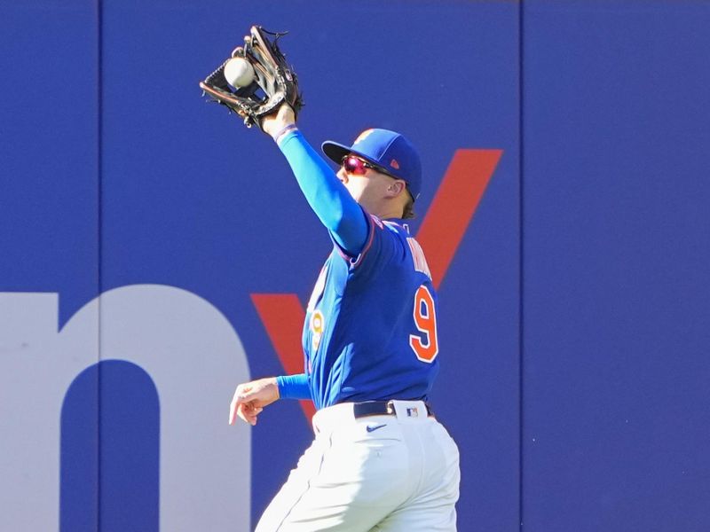 Sep 14, 2023; New York City, New York, USA; New York Mets center fielder Brandon Nimmo (9) catches a fly ball hit by Arizona Diamondbacks shortstop Geraldo Perdomo (not pictured) during the third inning at Citi Field. Mandatory Credit: Gregory Fisher-USA TODAY Sports