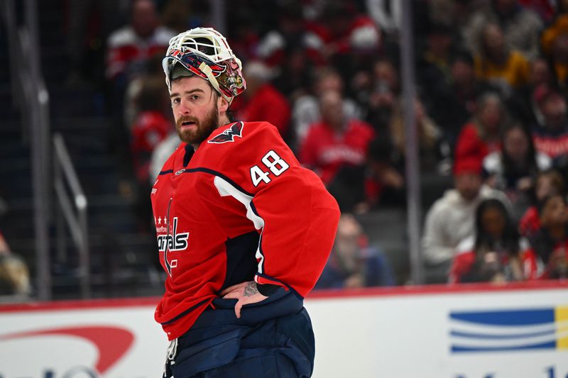 Feb 5, 2026; Washington, District of Columbia, USA; Washington Capitals goaltender Logan Thompson (48) looks on against the Nashville Predators during the second period at Capital One Arena. Mandatory Credit: Brad Mills-Imagn Images