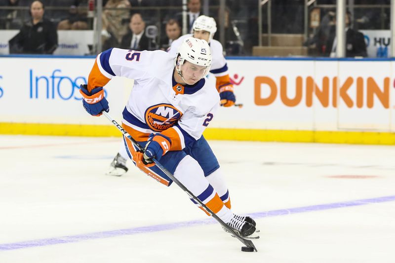 Sep 26, 2023; New York, New York, USA;  New York Islanders defenseman Sebastian Aho (25) controls the puck in the third period against the New York Rangers at Madison Square Garden. Mandatory Credit: Wendell Cruz-USA TODAY Sports