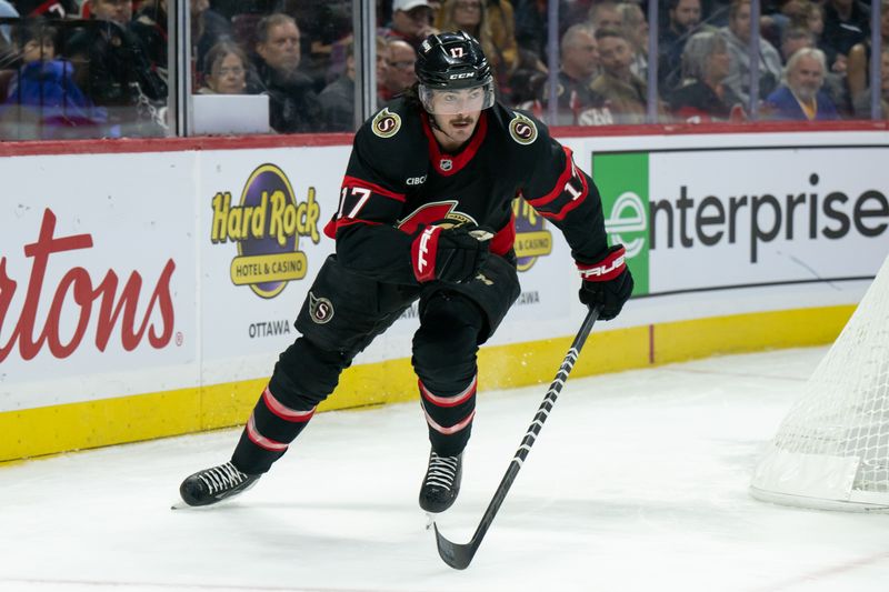 Nov 2, 2024; Ottawa, Ontario, CAN; Ottawa Senators  right wing Zack MacEwen (17) skates in the first period against the Seattle Kraken at the Canadian Tire Centre. Mandatory Credit: Marc DesRosiers-Imagn Images