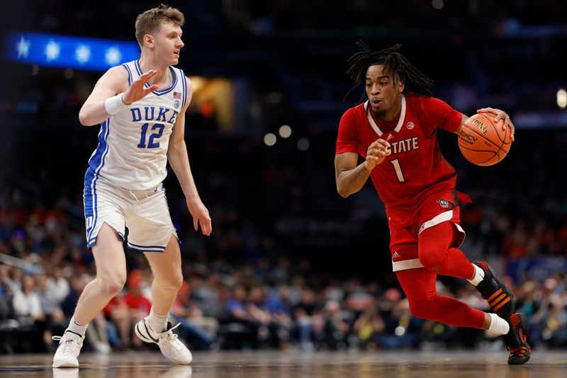 Mar 14, 2024; Washington, D.C., USA; North Carolina State guard Jayden Taylor (1) drives to the basket as Duke Blue Devils forward TJ Power (12) defends in the first half at Capital One Arena. Mandatory Credit: Geoff Burke-USA TODAY Sports