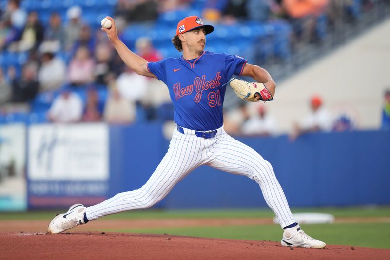 Mar 6, 2025; Port St. Lucie, Florida, USA;  New York Mets pitcher Brandon Sproat (91) pitches against the Houston Astros at Clover Park. Mandatory Credit: Jim Rassol-Imagn Images