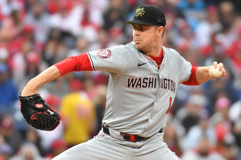 May 19, 2024; Philadelphia, Pennsylvania, USA; Washington Nationals pitcher MacKenzie Gore (1) throws a pitch during the second inning against the Philadelphia Phillies at Citizens Bank Park. Mandatory Credit: Eric Hartline-USA TODAY Sports