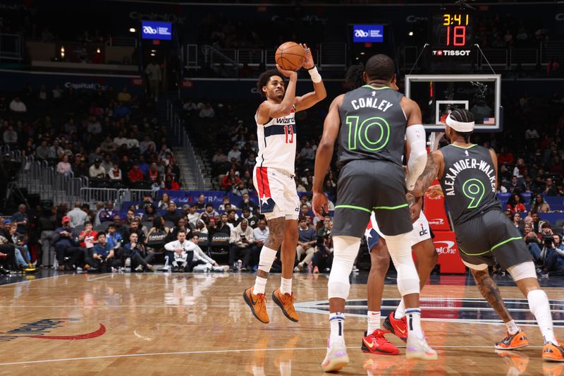 WASHINGTON, DC -?JANUARY 13: Jordan Poole #13 of the Washington Wizards shoots a three point basket during the game against the Minnesota Timberwolves  on January 13, 2025 at Capital One Arena in Washington, DC. NOTE TO USER: User expressly acknowledges and agrees that, by downloading and or using this Photograph, user is consenting to the terms and conditions of the Getty Images License Agreement. Mandatory Copyright Notice: Copyright 2024 NBAE (Photo by Kenny Giarla/NBAE via Getty Images)