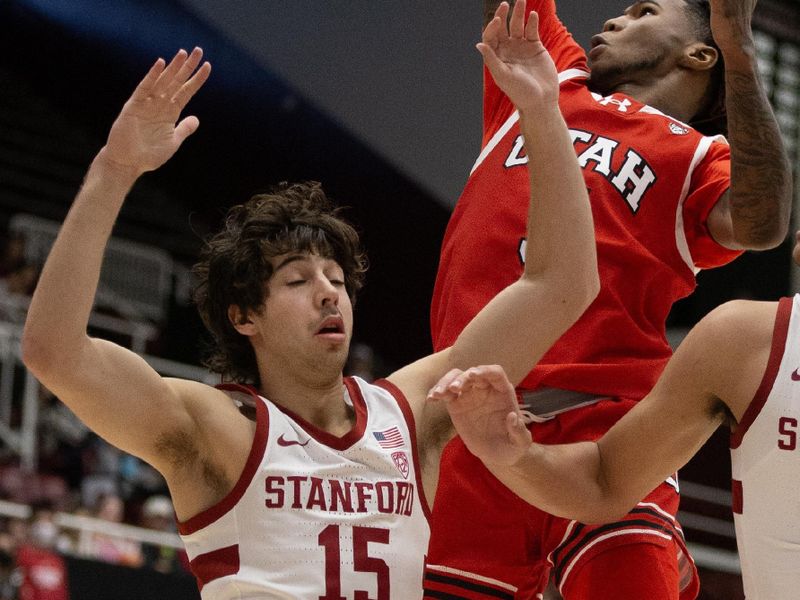 Jan 14, 2024; Stanford, California, USA; Utah Utes guard Deivon Smith (5) shoots over Stanford Cardinal guard Benny Gealer (15) during the first half at Maples Pavilion. Mandatory Credit: D. Ross Cameron-USA TODAY Sports