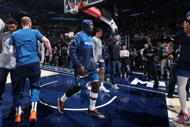 MINNEAPOLIS, MN -  NOVEMBER 10: Anthony Edwards #5 of the Minnesota Timberwolves is introduced before the game against the Miami Heat on November 10, 2024 at Target Center in Minneapolis, Minnesota. NOTE TO USER: User expressly acknowledges and agrees that, by downloading and or using this Photograph, user is consenting to the terms and conditions of the Getty Images License Agreement. Mandatory Copyright Notice: Copyright 2024 NBAE (Photo by David Sherman/NBAE via Getty Images)