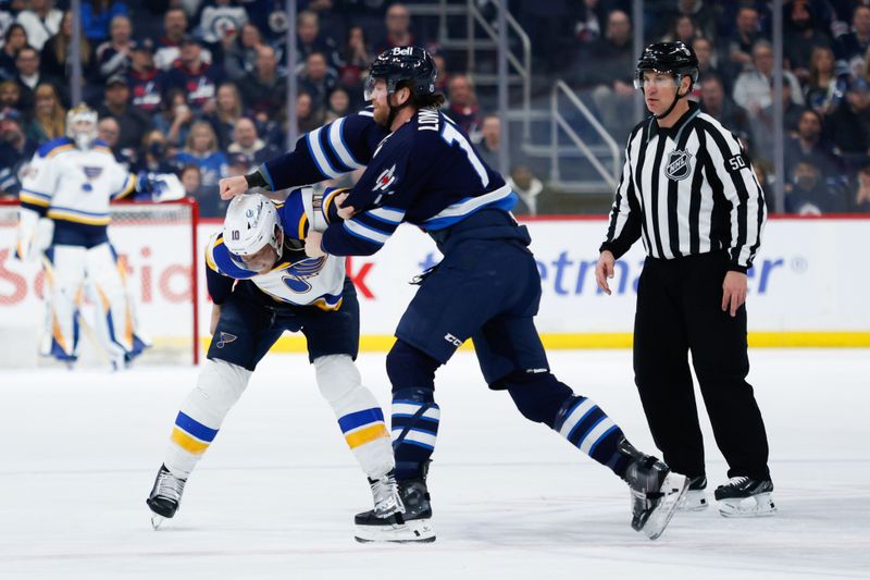 Feb 27, 2024; Winnipeg, Manitoba, CAN; Winnipeg Jets forward Adam Lowry (17) fights St. Louis Blues forward Brayden Schenn (10) during the first period at Canada Life Centre. Mandatory Credit: Terrence Lee-USA TODAY Sports