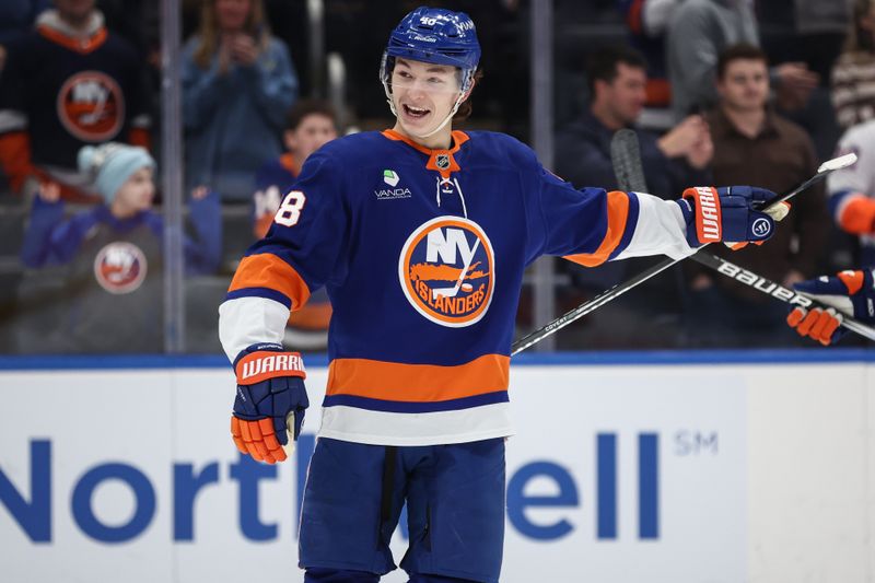 Jan 31, 2026; Elmont, New York, USA; New York Islanders defenseman Matthew Schaefer (48) celebrates after scoring a goal in the first period against the Nashville Predators at UBS Arena. Mandatory Credit: Wendell Cruz-Imagn Images