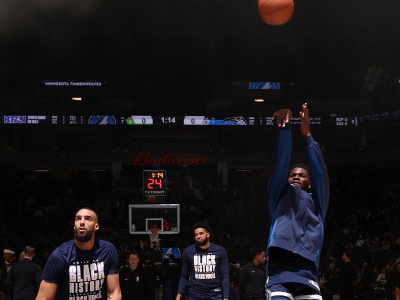 MINNEAPOLIS, MN -  FEBRUARY 2: The Minnesota Timberwolves warm up before the game against the Orlando Magic on February 2, 2024 at Target Center in Minneapolis, Minnesota. NOTE TO USER: User expressly acknowledges and agrees that, by downloading and or using this Photograph, user is consenting to the terms and conditions of the Getty Images License Agreement. Mandatory Copyright Notice: Copyright 2024 NBAE (Photo by David Sherman/NBAE via Getty Images)