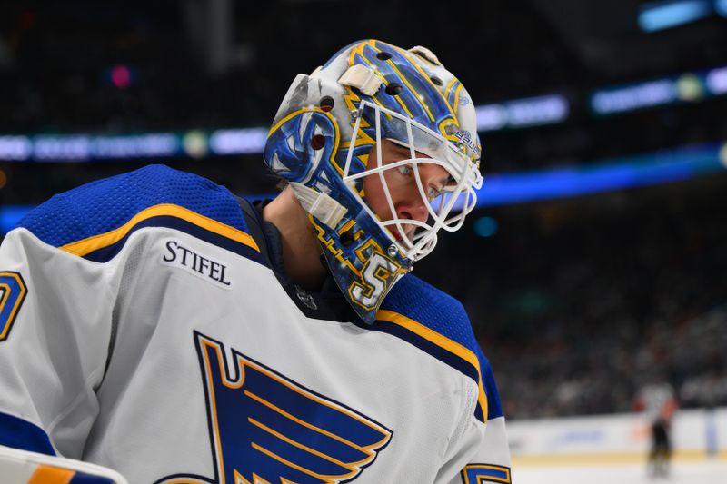 Jan 26, 2024; Seattle, Washington, USA; St. Louis Blues goaltender Jordan Binnington (50) during the second period against the Seattle Kraken at Climate Pledge Arena. Mandatory Credit: Steven Bisig-USA TODAY Sports