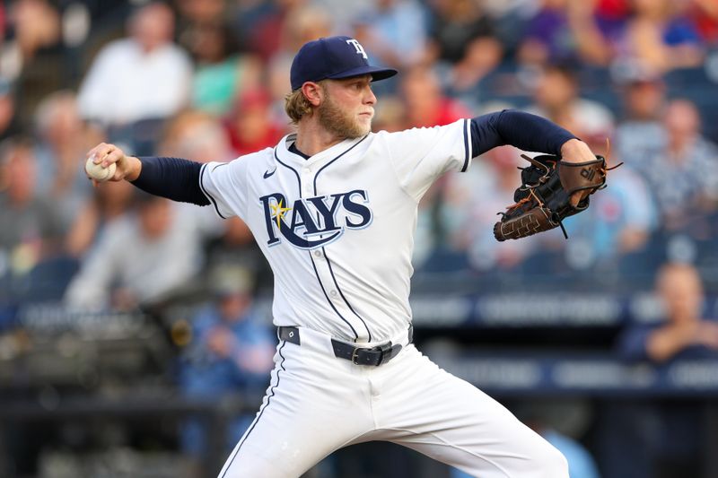 May 7, 2025; Tampa, Florida, USA; Tampa Bay Rays starting pitcher Shane Baz (11) throws a pitch against the Philadelphia Phillies in the first inning at George M. Steinbrenner Field. Mandatory Credit: Nathan Ray Seebeck-Imagn Images