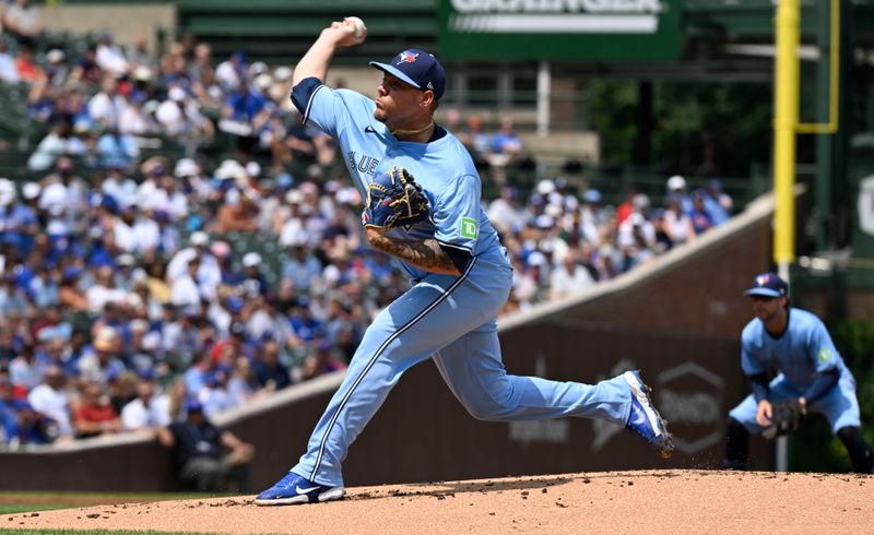 Aug 16, 2024; Chicago, Illinois, USA;  Toronto Blue Jays pitcher Yariel RodrÌguez (29) delivers the ball against the Chicago Cubs during the first inning at Wrigley Field. Mandatory Credit: Matt Marton-USA TODAY Sports