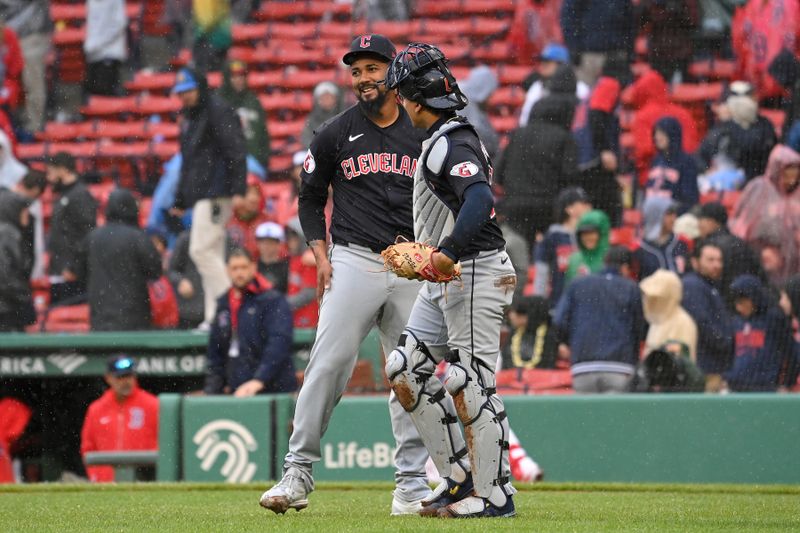 Apr 18, 2024; Boston, Massachusetts, USA; Cleveland Guardians catcher Bo Naylor (23) reacts against the Boston Red Sox with pitcher Emmanuel Clase (48) during the ninth inning at Fenway Park. Mandatory Credit: Eric Canha-USA TODAY Sports