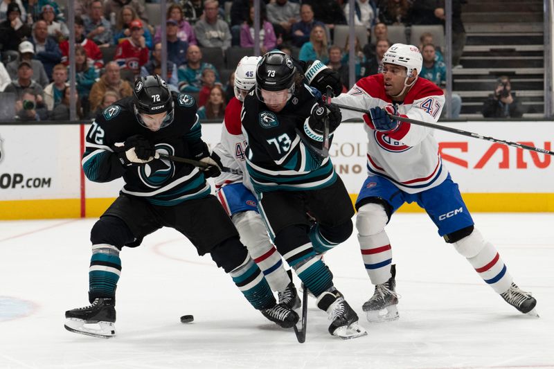 Mar 3, 2026; San Jose, California, USA;  San Jose Sharks left wing William Eklund (72) and San Jose Sharks center Tyler Toffoli (73) protects the puck from Montreal Canadiens defenseman Alexandre Carrier (45) and Montreal Canadiens defenseman Jayden Struble (47) during the second period at SAP Center at San Jose. Mandatory Credit: Stan Szeto-Imagn Images