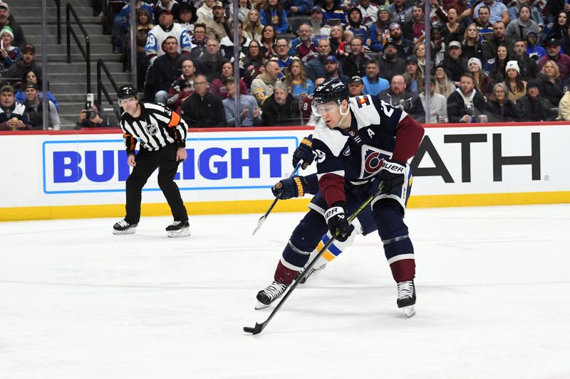 Jan 31, 2025; Denver, Colorado, USA; Colorado Avalanche center Nathan MacKinnon (29) skates in for a shot during the second period against the St. Louis Blues at Ball Arena. Mandatory Credit: Christopher Hanewinckel-Imagn Images