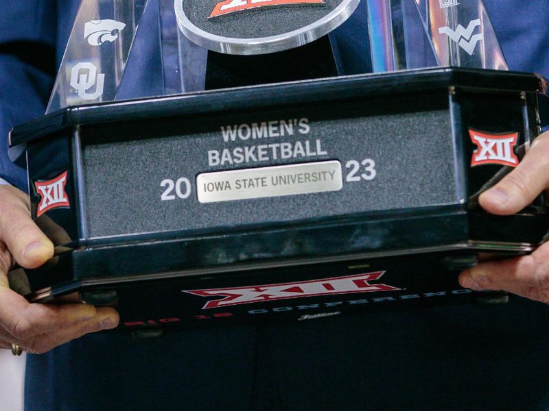 Mar 12, 2023; Kansas City, MO, USA; Big 12 trophy ready to be presented to Iowa State Cyclones after the game [T{ at Municipal Auditorium. Mandatory Credit: William Purnell-USA TODAY Sports