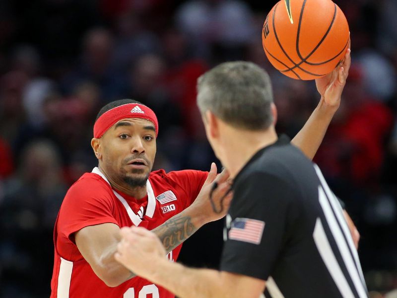 Feb 29, 2024; Columbus, Ohio, USA;  Nebraska Cornhuskers guard Jamarques Lawrence (10) runs after the loose ball during the first half against the Ohio State Buckeyes at Value City Arena. Mandatory Credit: Joseph Maiorana-USA TODAY Sports